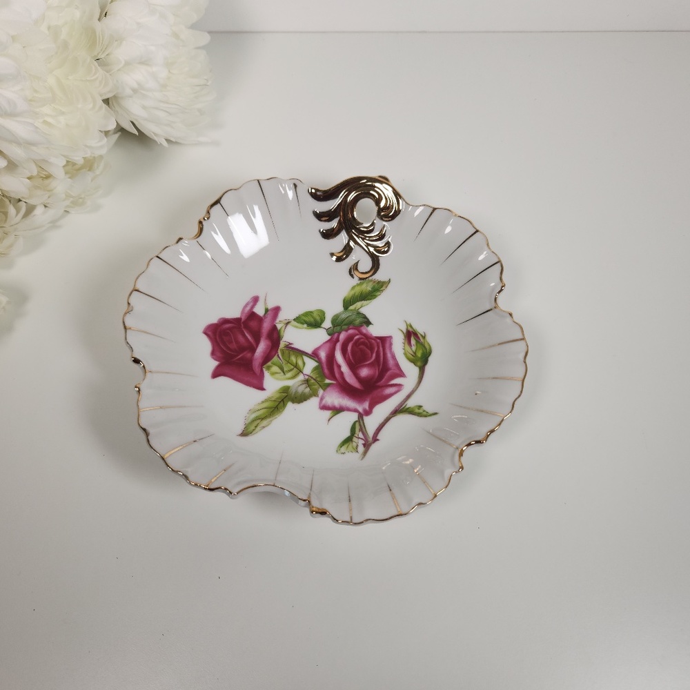 Vintage Mid Century Ucago China Hand-Painted Dish w/ Roses and Gold Trim- Ornate